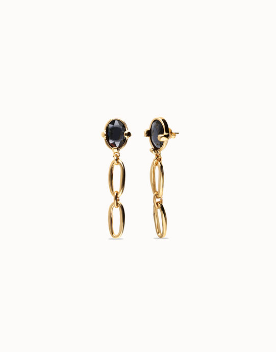 Pendientes largos ba&ntilde;ados en oro 18k con cristal facetado negro y eslabones